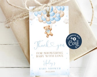 May include: Blue and beige balloon thank you tag with a teddy bear holding onto the balloons. The tag says "Thank you for showering baby with love Hailey's Baby Shower 28.12.2094".