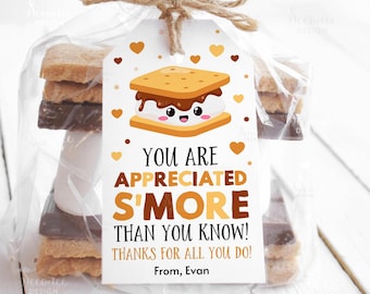 Plantilla de etiqueta de regalo S'mores editable para imprimir Etiqueta de S'mores más apreciada de lo que imagina Etiquetas de agradecimiento para maestros, empleados y compañeros de trabajo