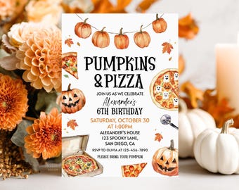 May include: A Halloween-themed invitation with the text "PUMPKINS & PIZZA" and details for a 6th birthday party. The design includes watercolor illustrations of pumpkins, pizza, and autumn leaves. The invitation is set against a backdrop of orange flowers and white pumpkins.