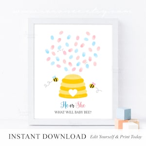 INSTANT DOWNLOAD Editable He Or She What Will Baby Bee Gender Reveal Guestbook, Bee Thumbprint Guest Book, Honey Bee Gender Guess Game Ideas