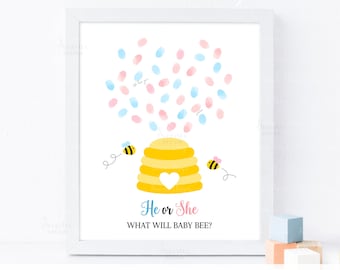 INSTANT DOWNLOAD Editable He Or She What Will Baby Bee Gender Reveal Guestbook, Bee Thumbprint Guest Book, Honey Bee Gender Guess Game Ideas