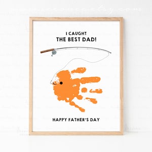 I Caught The Best Dad DIY Handprint Art, Father&#39;s Day Gift For Dad, Fathers Day Keepsake From Kids, Fathers Day Fishing Handprint Craft Gift