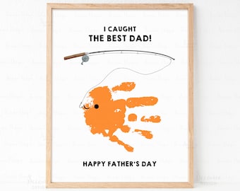 I Caught The Best Dad DIY Handprint Art, Father's Day Gift For Dad, Fathers Day Keepsake From Kids, Fathers Day Fishing Handprint Craft Gift