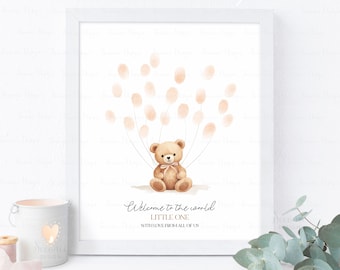 Può includere: Un libro degli ospiti stampabile per un baby shower con un'illustrazione ad acquerello di un orsacchiotto marrone che tiene un nastro rosa. L'orso è circondato da palloncini rosa, che sono destinati ad essere firmati dagli ospiti. Il testo dice "Benvenuto al mondo, Piccolo, Con amore da tutti noi."