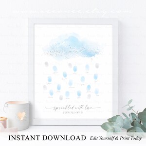 SOFORTIGER DOWNLOAD Bearbeitbare Silber Blaue Regenwolke Fingerabdruck Gästebuch Alternative, Besprüht Mit Liebe Fingerabdruck Gästebuch, Regentropfen Party