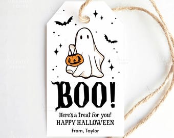 Redigerbar "Här är en godbit till dig"-etikett, utskrivbara "Glad Halloween"-gåvoetiketter, läskig "Trick or Treat"-Halloween-presentetikett, Boo Halloween-etiketter