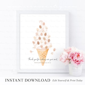 INSTANT DOWNLOAD Editable Ice Cream Fingerprint Art Teacher Appreciation Gift, End of Year Thumbprint Poster Gift, Personalized Keepsake