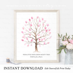 INSTANT DOWNLOAD Editable Pink Fingerprint Tree Guestbook Alternative, Pink Party Thumbprint Sign Poster, Tree Art Personalized Gift Ideas