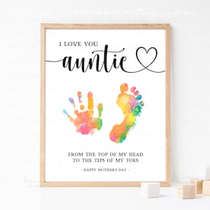 Día de las madres huella de la mano huella artesanía imprimible, DIY bebé niños niño signo de impresión de la mano, regalo de la huella de la mano para la tía, regalo de la tía del día de la madre
