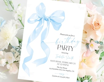 Blue Bow Birthday Invitation Template, Blue Ribbon Birthday Party Invite Any Age, Editable Digital Instant Download Bow Bday Invitation A2B1