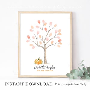 May include: A printable baby shower guest book with a watercolor illustration of a tree with pink leaves and a pumpkin at the base. The text reads "Our Little Pumpkin You Are So Loved".