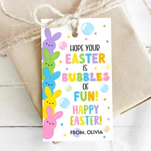 May include: A colorful Easter gift tag with a stack of bunny shapes in purple, green, blue, yellow, and pink. The tag reads "Hope Your Easter is Bubbles of Fun! Happy Easter! From Olivia."