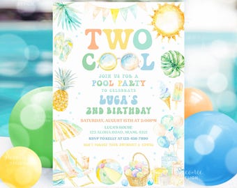 Editable Two Cool Birthday Party Invitation Tropical Splish Splash Summer Boy 2nd Birthday Invites Pool Party Birthday Instant Download PB01