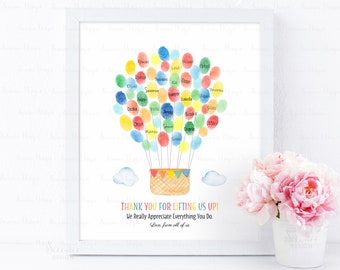INSTANT DOWNLOAD Bewerkbare heteluchtballon leraar waardering cadeau-ideeën, bedankt voor het optillen van ons, eindejaarsvingerafdruk kunst aandenken