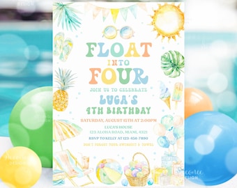 Flotador editable en cuatro 4º cumpleaños invitación a la fiesta en la piscina Tropical Summer Splish Splash Boy Pool Party Invitation Descarga instantánea PB01