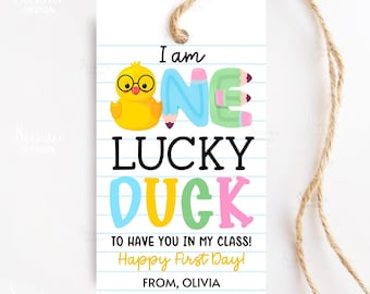 Cadeaulabel One Lucky Duck Terug naar school Afdrukbare badeend Cadeaulabel eerste schooldag voor student Leraar Klas Lucky To Have You Cadeaulabel