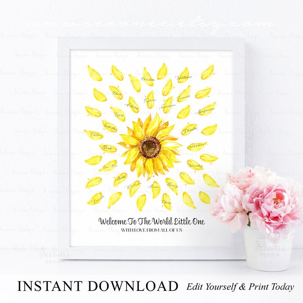INSTANT DOWNLOAD Editable Sunflower Baby Shower Signature Guestbook Alternative, Sunflower Petal Sign In Poster, Sunshine Baby Keepsake Gift