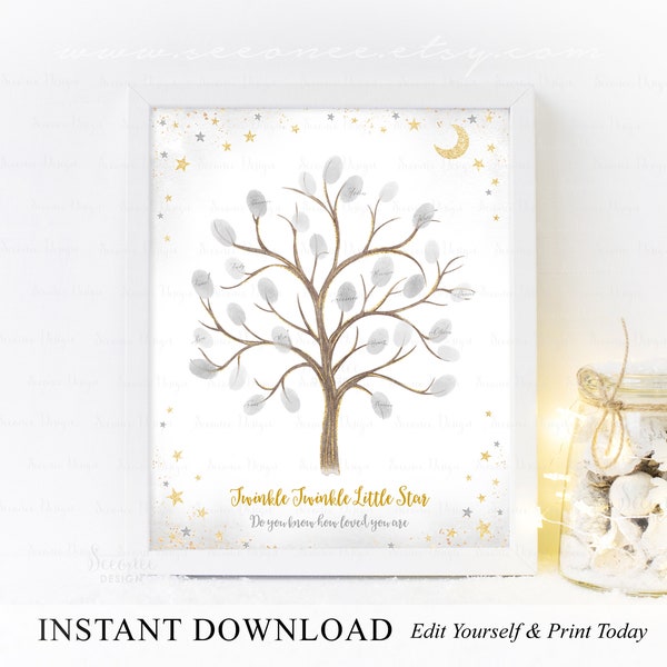 INSTANT DOWNLOAD Editable Gold Silver Gray Twinkle Star Birthday Fingerprint Tree Guestbook Sign, Gender Neutral Star Party Keepsake Gift