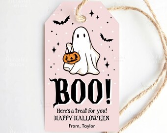 Utskrivbar Halloween-presentetikett med "Här är en godbit till dig", Glad Halloween-etikett, redigerbar mall för rosa "Bus or Treat"-påsetikett, läskiga etiketter