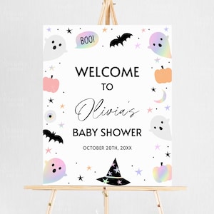 Editable Halloween Baby Shower Welcome Sign, Spooky Halloween Baby Shower Sign Little Boo Baby Shower Welcome Poster Printable Template HP01