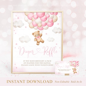 Rosa Bär Ballon-Babyparty-Windel-Verlosung Zeichen Tickets, Baby-Mädchen Wir können Bären-Babyparty-Windel-Gewinnspiel Zeichen druckbare A1A3