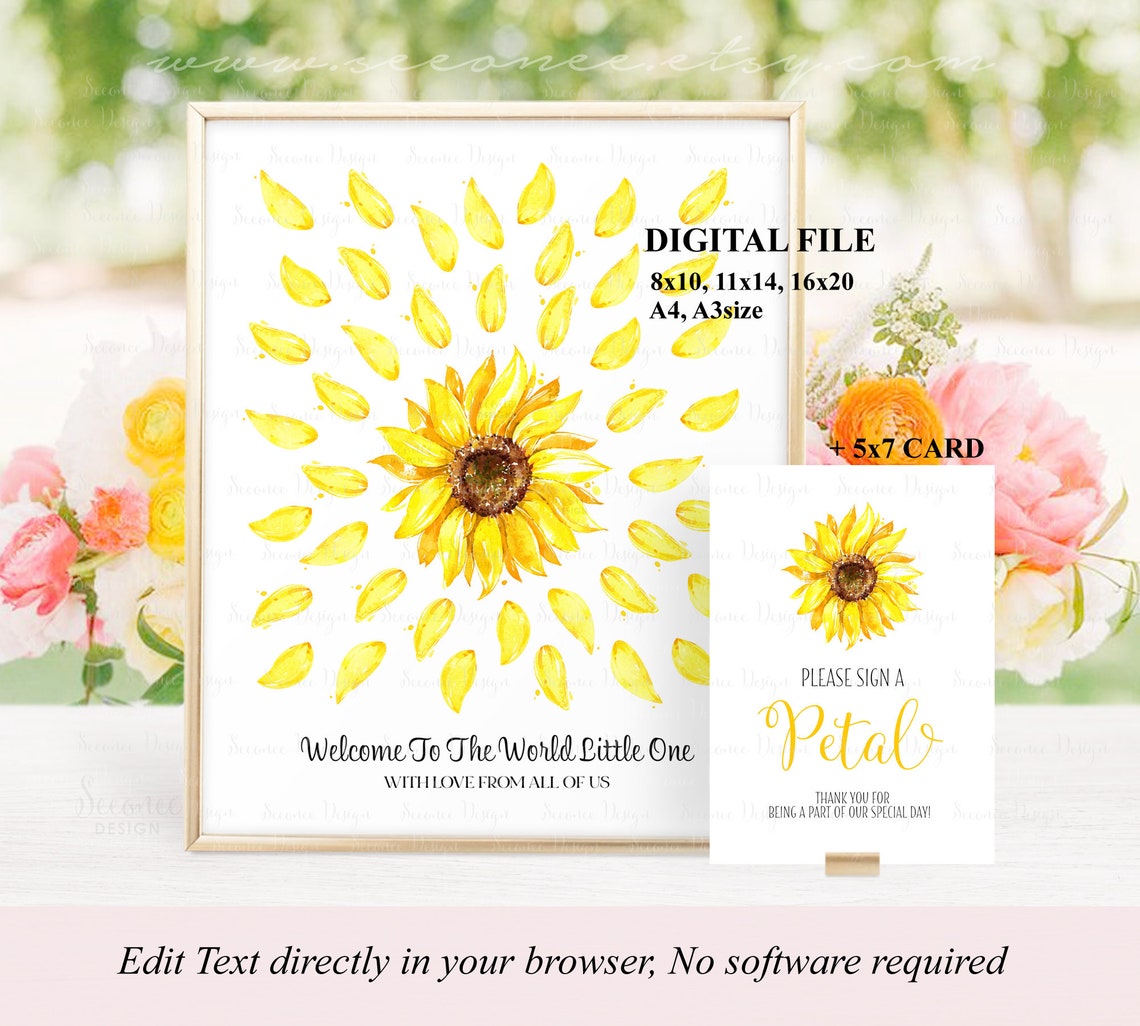 Sunflower Signature INSTANT DOWNLOAD Editable Sunflower Baby Shower Signature Guestbook ...