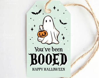 Halloween-presentetikett med "You've Been Booed", utskrivbara Halloween-godisetiketter, Bus eller godis-etiketter för Halloween-grannskapstraditionen