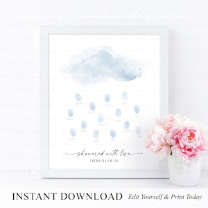 SOFORTIGER DOWNLOAD Bearbeitbare Navy Cloud Fingerabdruck Gästebuch Alternative, Regentropfen Baby Shower Fingerabdruck Poster Zeichen, Mit Liebe überschüttet