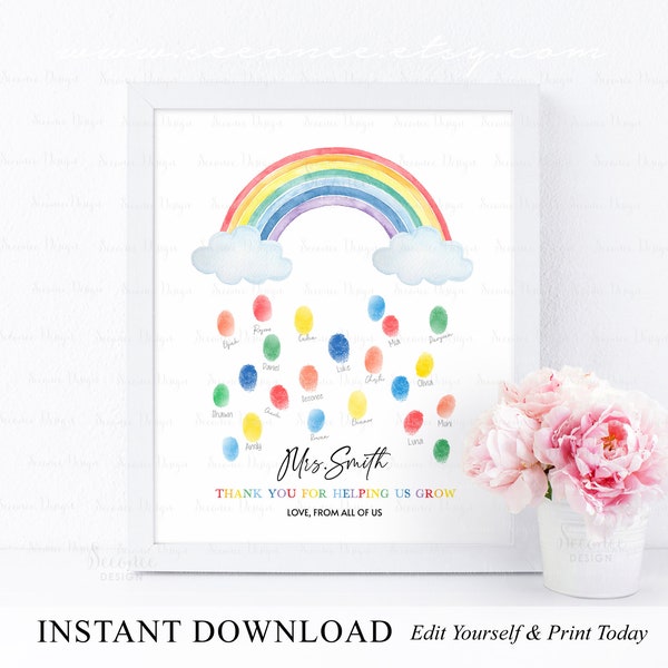 INSTANT DOWNLOAD Editable Rainbow Teacher Appreciation Gift Ideas, Thank You For Helping Us Grow, Rainbow Fingerprint Art, End Of Year Gift