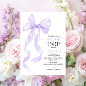 May include: A white graduation party invitation featuring a light purple ribbon bow illustration. The invitation text reads "Please join us for a grad party" honouring Isabella Smith, with event details including the date, time, and location.