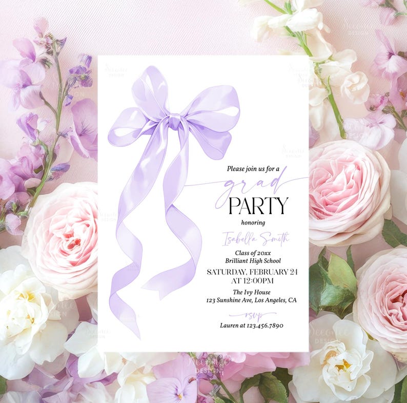 May include: A white graduation party invitation featuring a light purple ribbon bow illustration. The invitation text reads "Please join us for a grad party" honouring Isabella Smith, with event details including the date, time, and location.