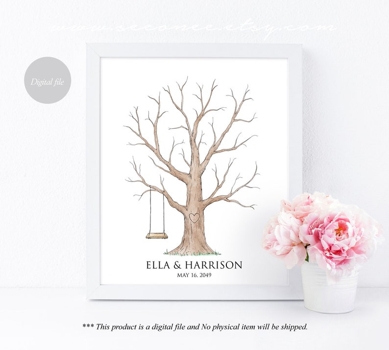 Family tree Fingerprint tree with swing guestbook alternative Thumbprint guest book wedding tree poster Digital file Reunion keepsake