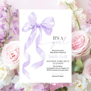 Purple Bow Baby Shower Invitation Editable Violet Bow It&#39;s A Girl Baby Shower Invite, Lavender Bow Baby Shower Invitation Template A2L1