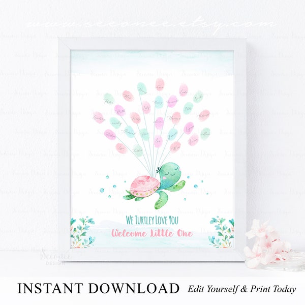 Editable Pink Sea Turtle Baby Shower Fingerprint Guestbook Sign, Baby Girl Turtle Baby Shower Thumbprint Guest Book Sign Instant Download