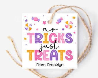 No Tricks Just Treats Halloween Gift Tag Printable, Trick Or Treat Candy Tag For Teacher School Staff Classmate Coworker Happy Halloween Tag