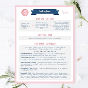 May include: A pink and white instructional guide with the word "Instructions" in a blue banner. The guide provides steps for editing text, saving the design, and downloading the file. It also includes options for paper size, bleed, and trim marks.