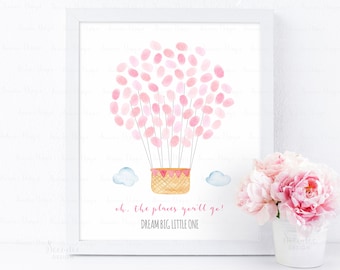 Heißluftballon Fingerabdruck Gästebuch Alternative, rosa Mädchen-Geburtstags-Party Fingerabdruck Gästebuch Zeichen Geschenk, Baby Andenken Instant Download