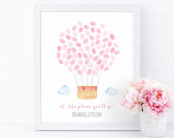 Hot Air Balloon Fingerprint Guestbook Alternative, Pink Girl Birthday Party Thumbprint Guest Book Sign Gift, Baby Keepsake Instant Download