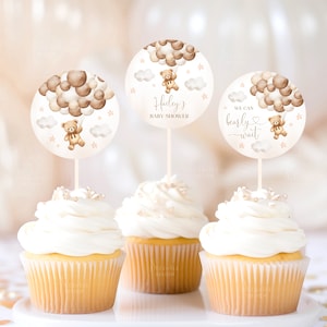 Topper cupcake modificabile con orsetto marrone per baby shower, palloncini con orsetto neutro rispetto al genere Possiamo aspettare con difficoltà Baby Shower Cake Topper stampabile A1A2