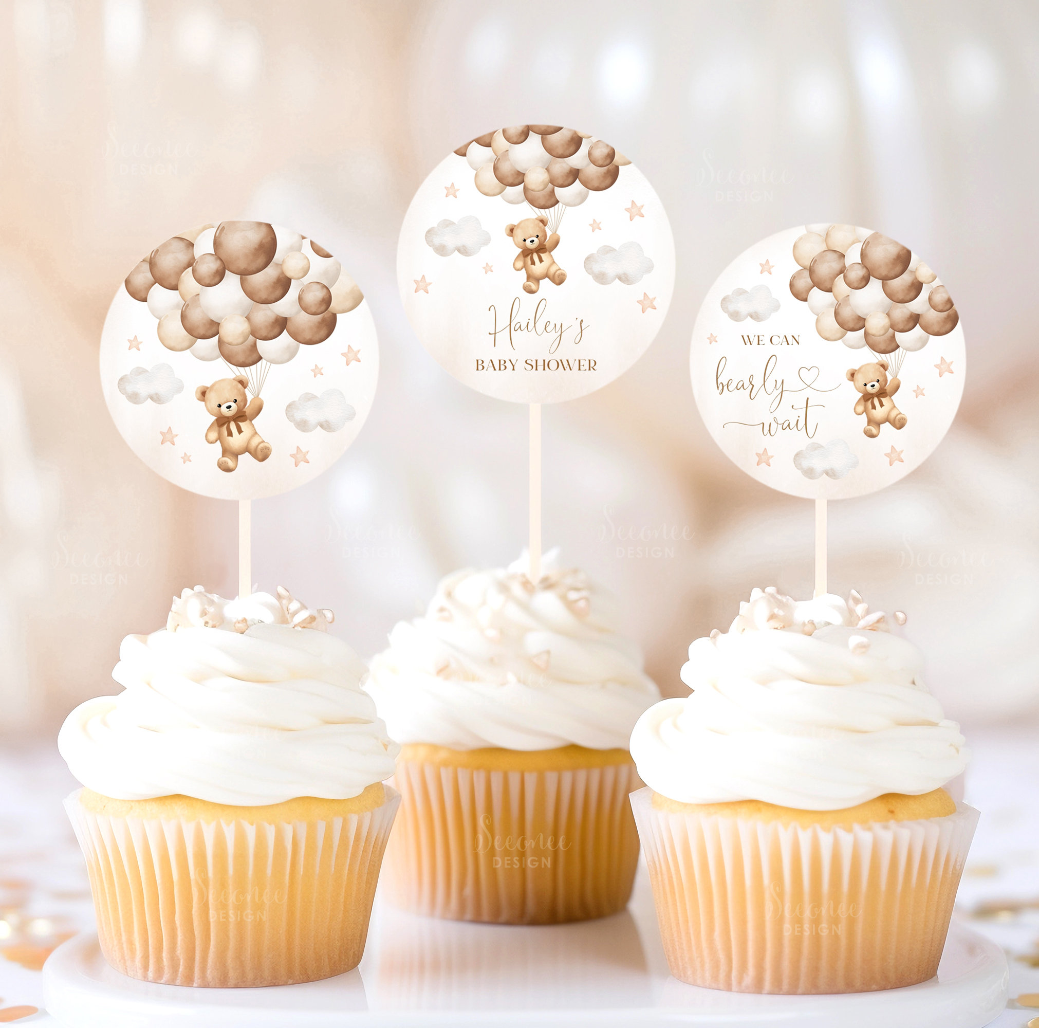 Editable Brown Teddy Bear Baby Shower Cupcake Topper, Gender Neutral ...