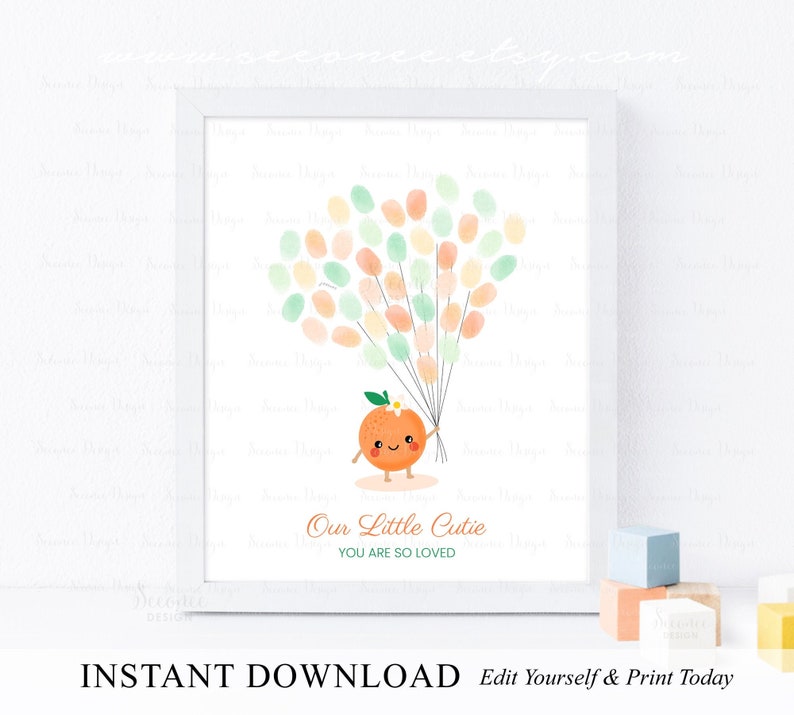 May include: A printable orange-themed baby shower guest book with a cute cartoon orange holding balloons. The text reads "Our Little Cutie You Are So Loved".