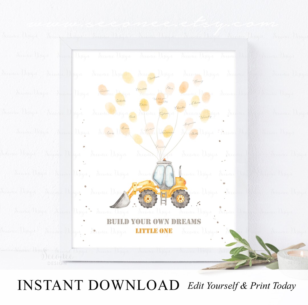 INSTANT DOWNLOAD Editable Construction Birthday Thumbprint Art Keepsake