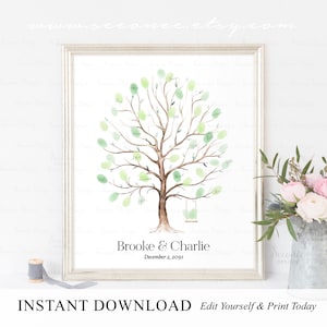 INSTANT DOWNLOAD Editable Wedding Fingerprint Tree With Swing Guestbook Alternative, Greenery Wedding Keepsake Gift Ideas, Thumbprint Sign