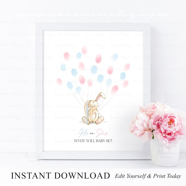 INSTANT DOWNLOAD Editable Bunny Gender Reveal Fingerprint Guestbook Alternative, Pink or Blue Rabbit Gender Guess, What Will Baby Be Sign