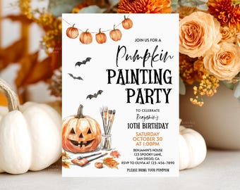 May include: A white invitation card with a pumpkin painting party theme. The card features a watercolor jack-o'-lantern, bats, and pumpkins. Text includes "Pumpkin Painting Party" and event details for a 10th birthday.