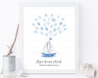 INSTANT DOWNLOAD Editable Nautical Sailboat Fingerprint Guestbook Alternative, Sailing Party Thumbprint Poster Sign, Sail Away Birthday Gift