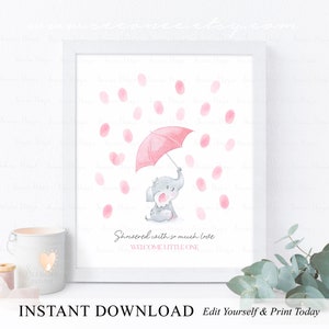 SOFORTIGER DOWNLOAD Bearbeitbare Rosa Elefant Baby Shower Fingerabdruck Gästebuch Alternative, Baby Mädchen Regenschirm Baby Shower Fingerabdruck Poster Zeichen