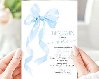 Blue Bow 1st Birthday Invitation Boy First Birthday Invite Template Printable Blue Coquette Bow Invitation 1st Birthday Party Invite A2B1