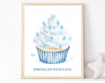 INSTANT DOWNLOAD Editable Blue Cupcake Guestbook Alternative, Cupcake Fingerprint Guest Book, Cupcake Party Thumbprint Art, Birthday Gift