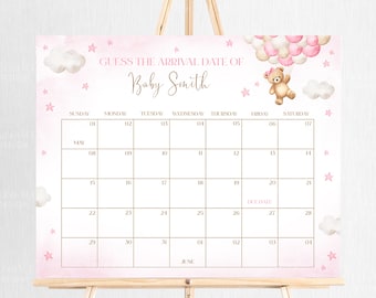 May include: Pink and white baby shower sign with a calendar for guests to guess the arrival date of Baby Smith. The sign features a teddy bear holding pink and white balloons.